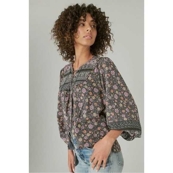 Lucky Brand Bohemian Hippie Retro 70s Lace Up Peasant Blouse Size Large - Picture 5 of 15